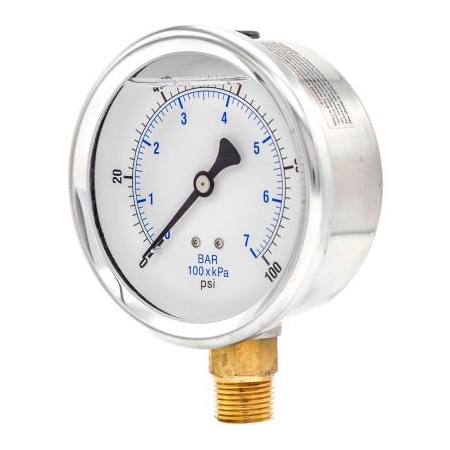 Engineered Specialty Products, Inc Pic Gauges 4" Pressure Gauge, Liquid Filled, 100 PSI, Stainless Case, Lower Mount, 201L-404E 201L-404E